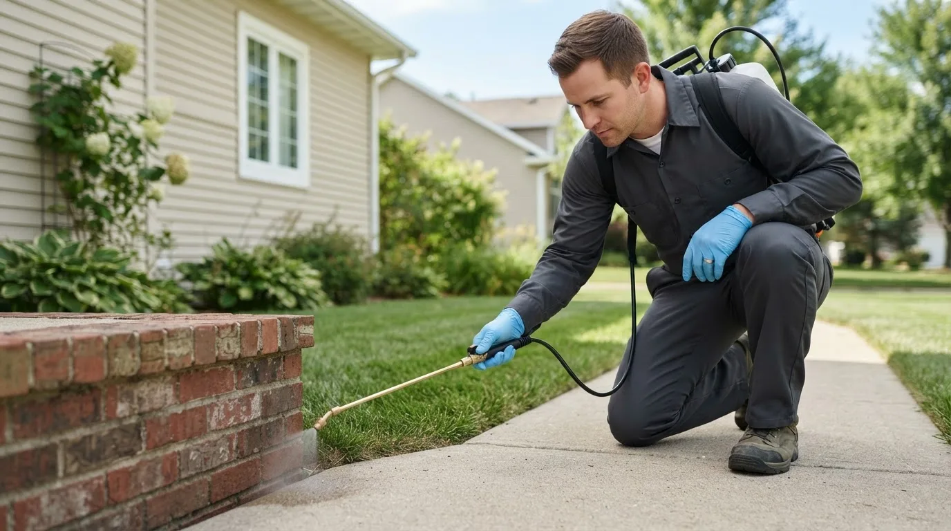 Pest control technician treating a home near Rosalia, KS